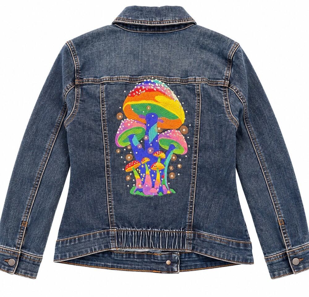 Mushroom Denim Jean Jacket Women’s M Psychedelic Boho Trucker Jacket Anybody
